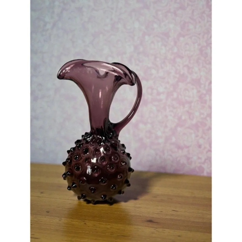 Vintage Amethyst Purple Hobnail Art Glass Pitcher Hand Blown Decorative‎ Cruet